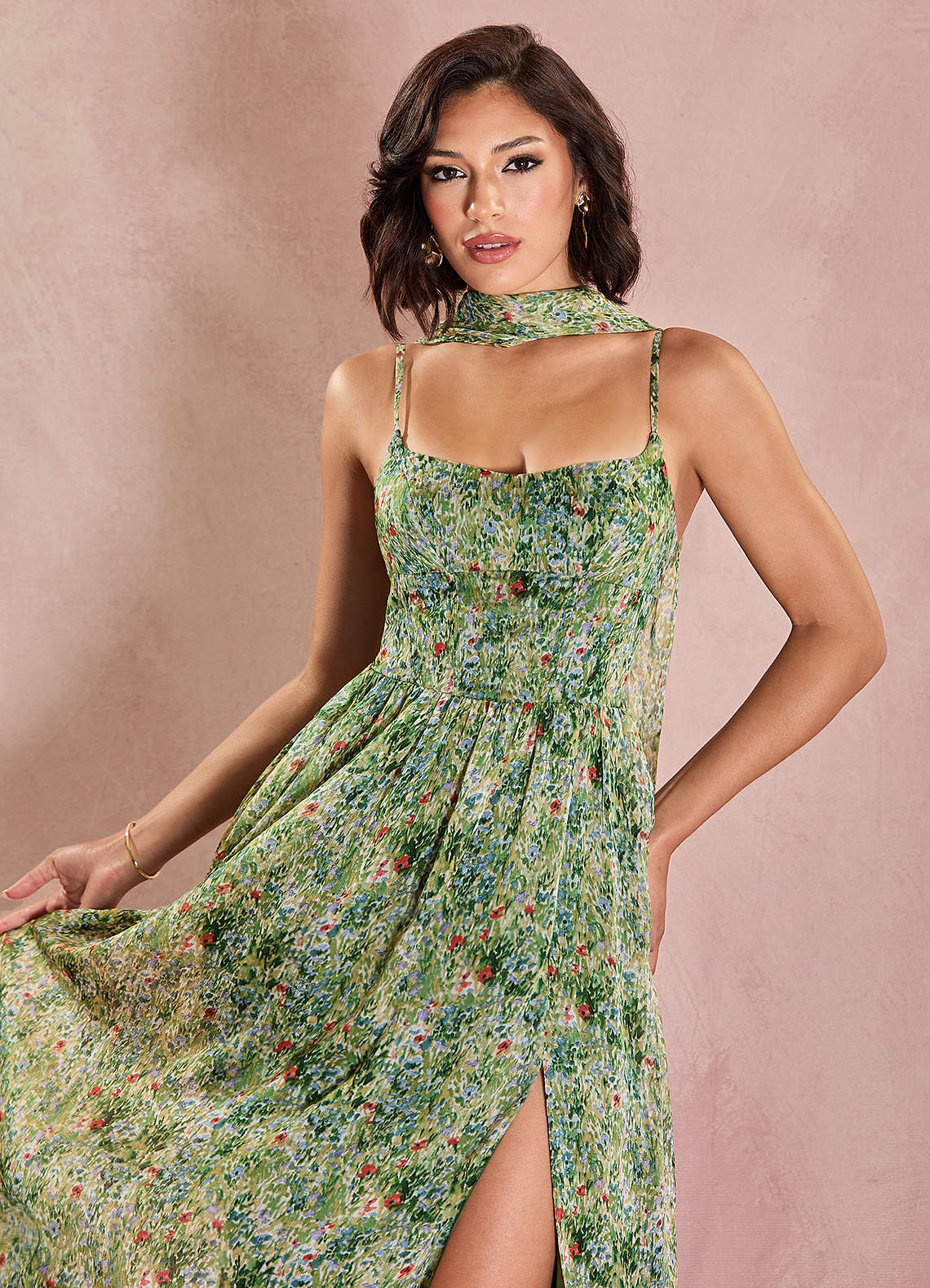 Lolla A-Line V-Neck Chiffon Wedding Guest Dress in Green Floral