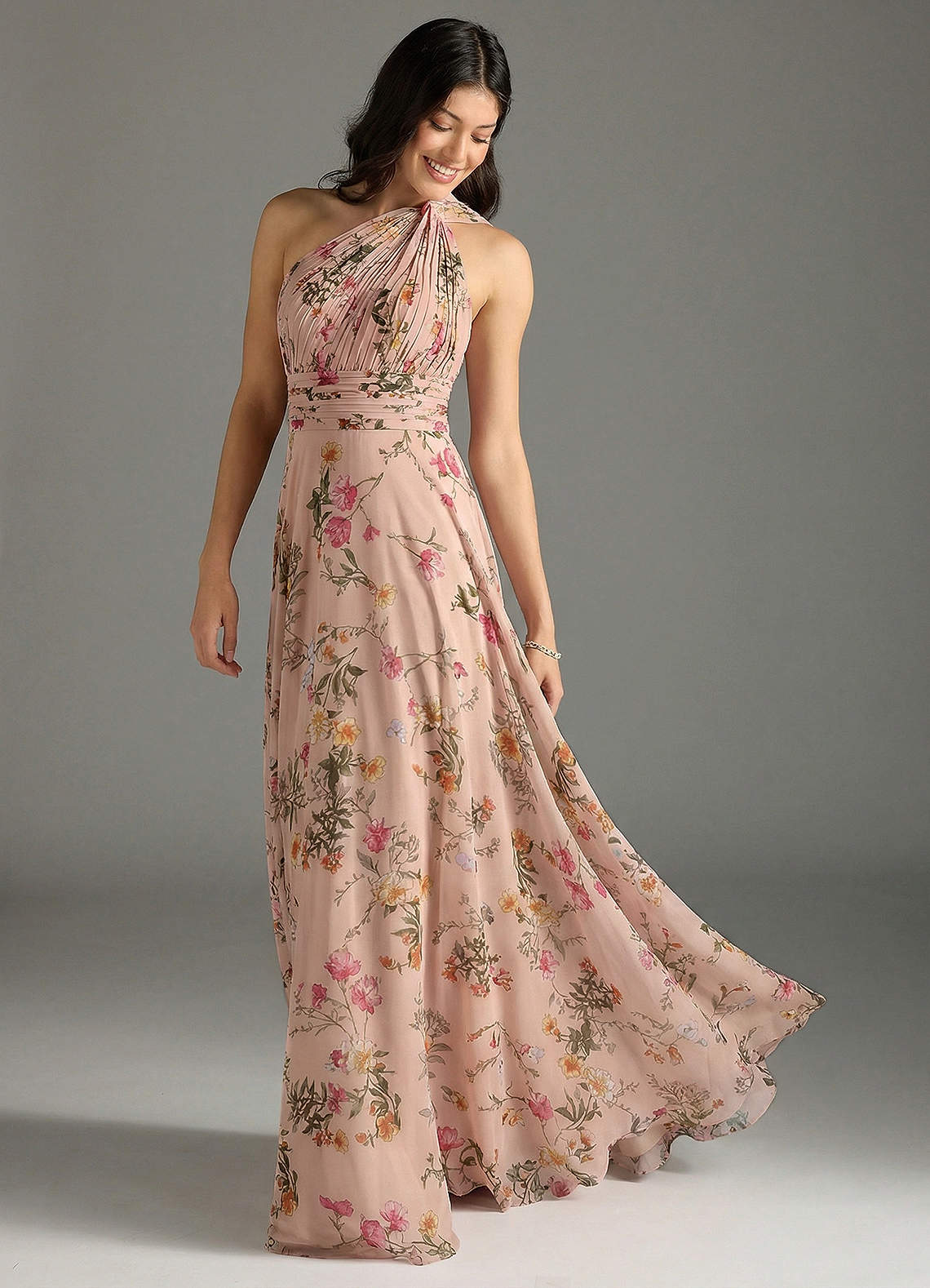 Charlize A-Line One-Shoulder Chiffon Bridesmaid Dress in Rose Petal Floral