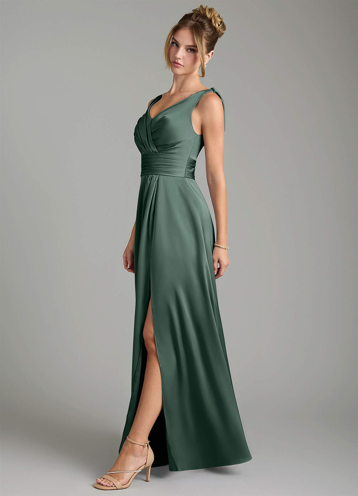 Karina A-Line V-Neck Stretch Satin Bridesmaid Dress in Sea Moss
