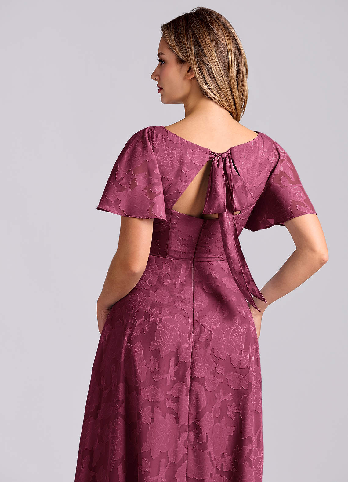 Kimber A-Line V-Neck Floral Burnout Bridesmaid Dress in Mulberry