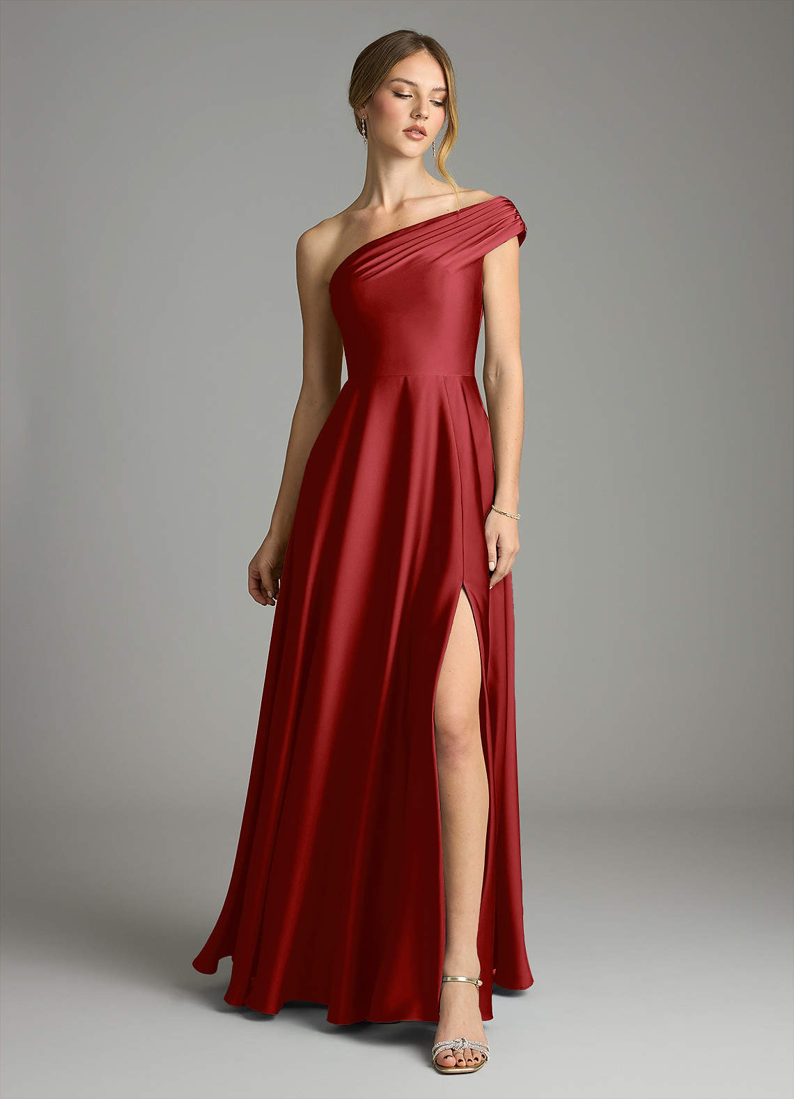 Melanie A-Line One-Shoulder Stretch Satin Bridesmaid Dress in Pomegranate