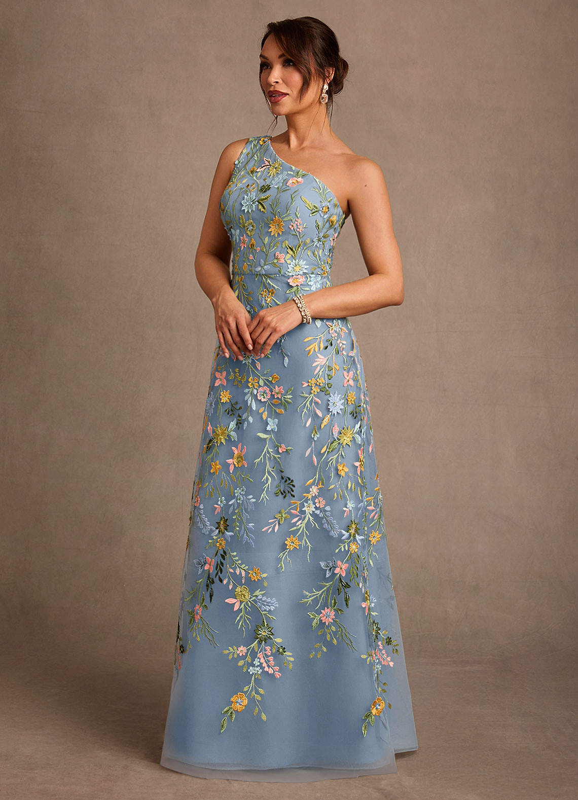 Bertie A-Line One-Shoulder Lace Mother of the Bride Dress in dusty blue