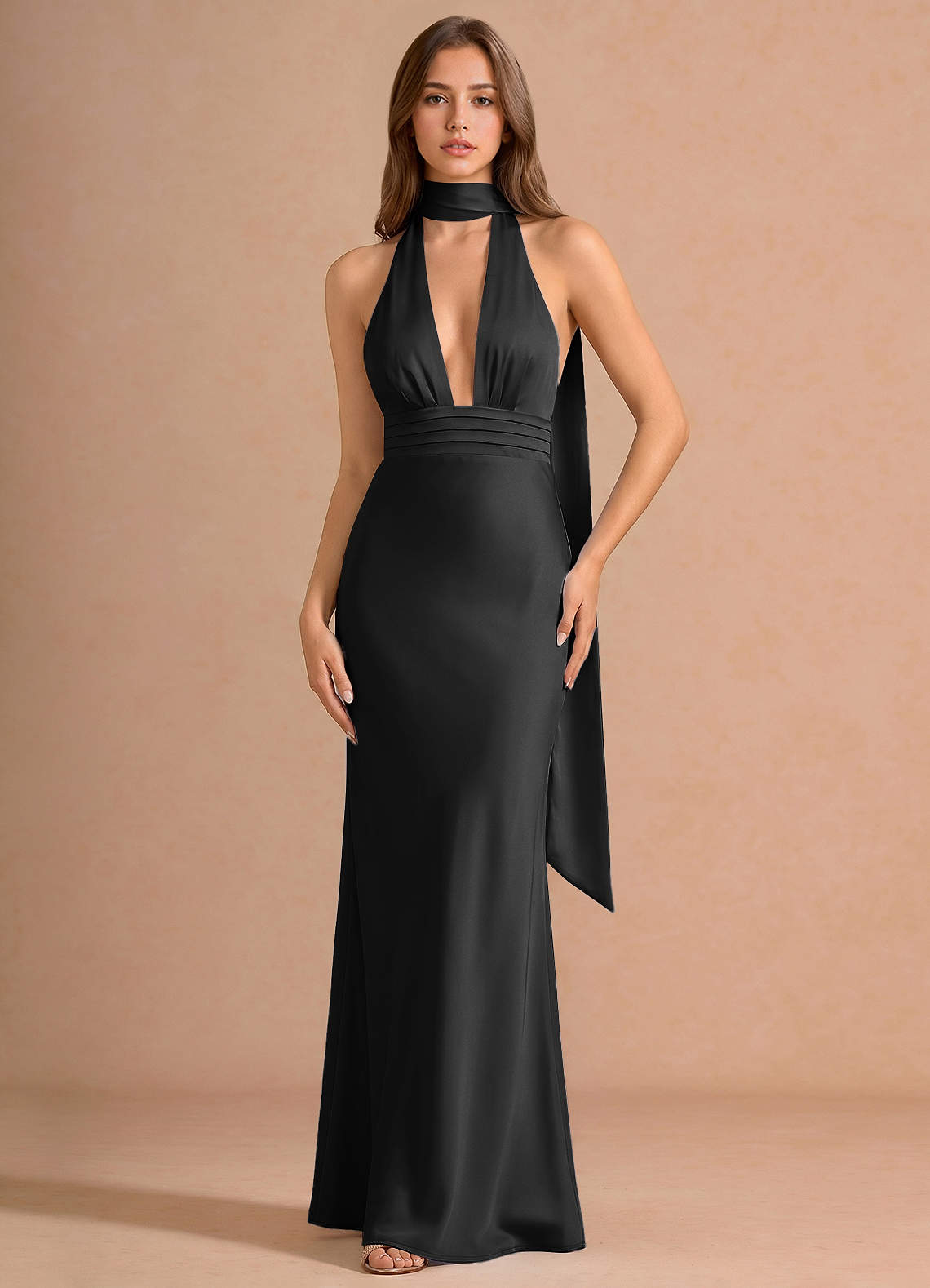 Linnea A-Line V-Neck Stretch Satin Evening Dress in Haze Pink