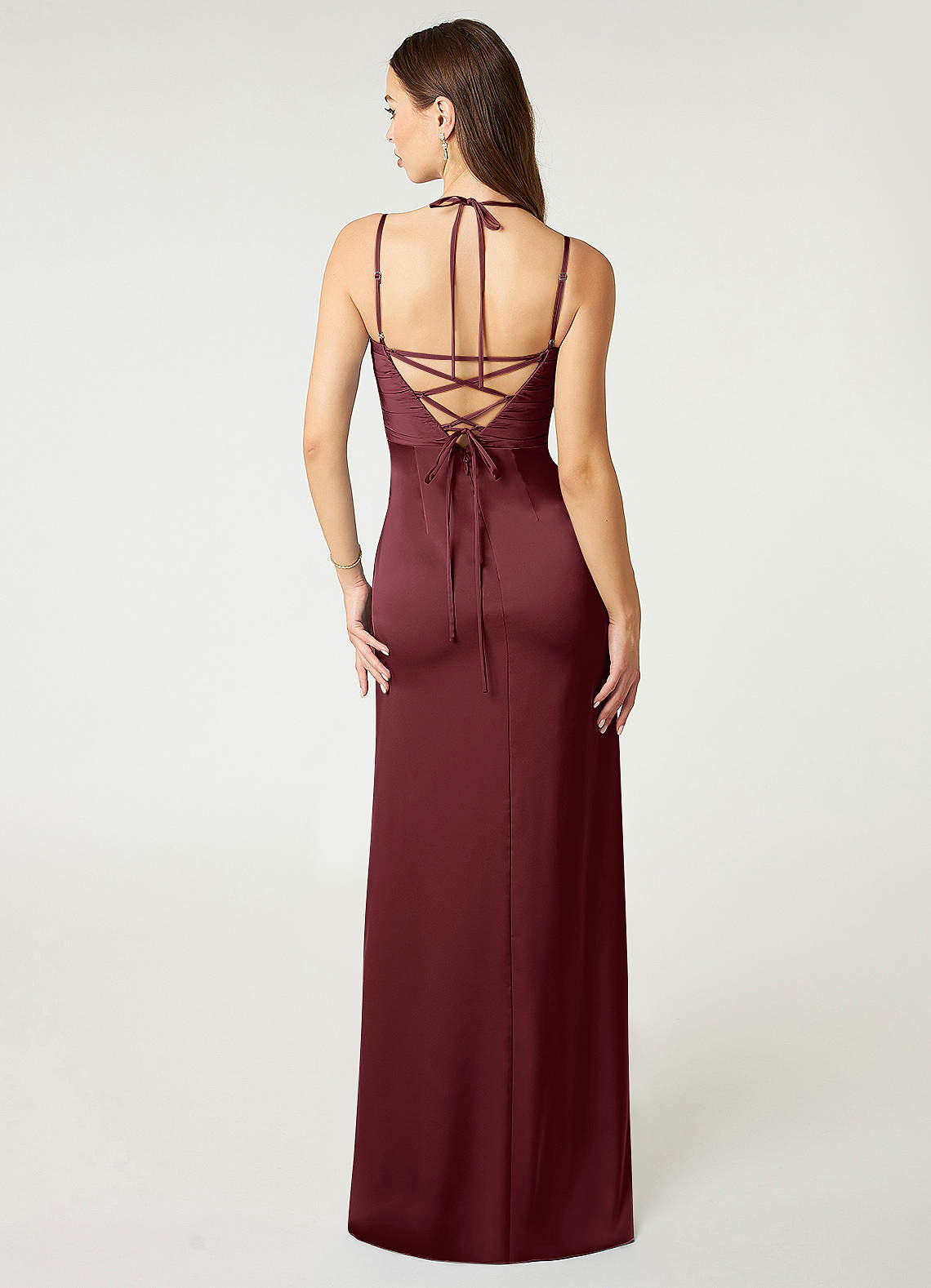 Desi Sheath Halter Stretch Satin Bridesmaid Dress in Cabernet
