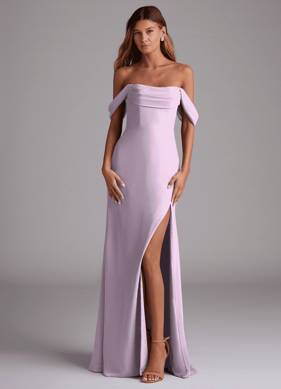 Saige A-Line Off-the-Shoulder Chiffon Bridesmaid Dress in Frosted Lilac