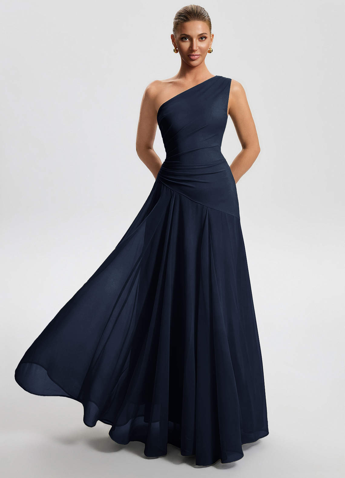 Sylvaine A-Line One-Shoulder Chiffon Wedding Guest Dress in Navy