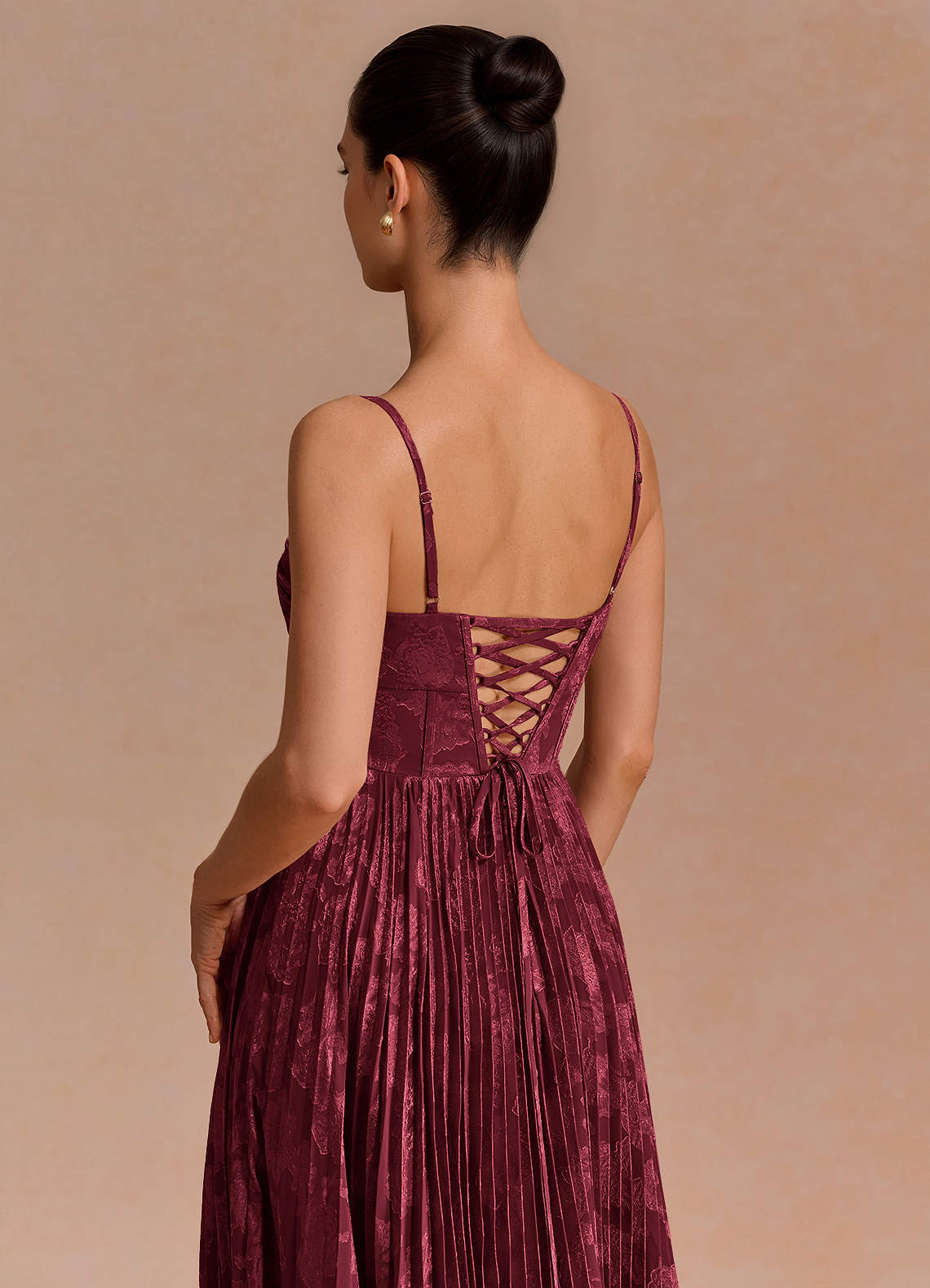 Delfina A-Line Twisted-Bust Fil Coupé Evening Dress in Wine