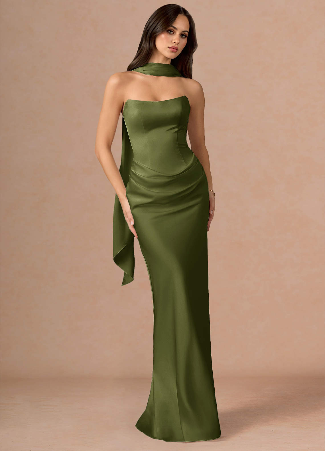 Valencia Scarf Lace-Up Stretch Satin Evening Dress in Dusty Blue