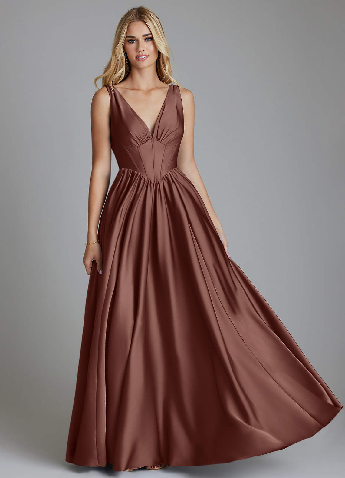 Delmie A-Line V-Neck Stretch Satin Bridesmaid Dress in Espresso