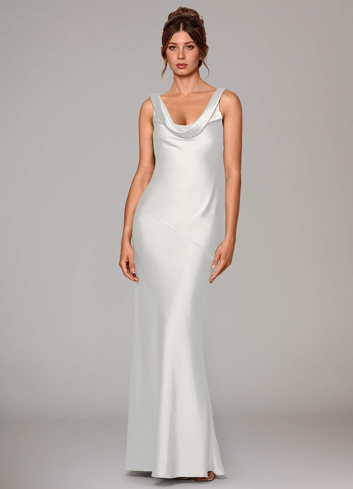 Rylina Mermaid Cowl-Neck Stretch Satin Bridesmaid Dress in white