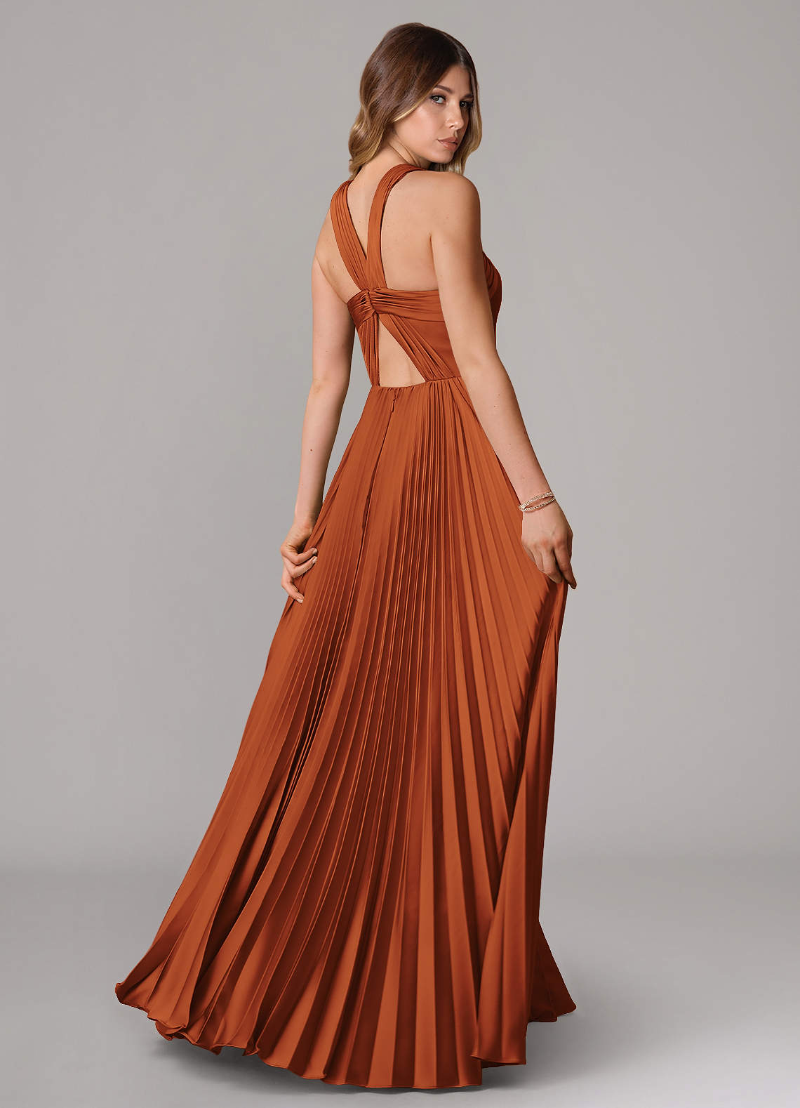 Afra A-Line Halter-Neck Stretch Satin Bridesmaid Dress in Cinnamon