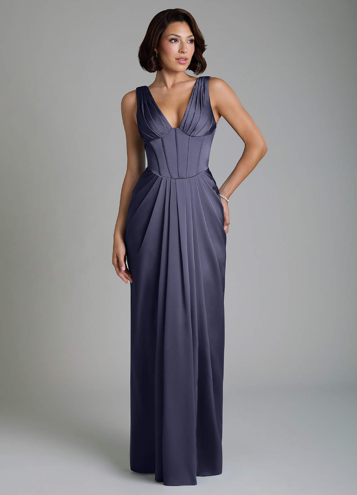 Vanya Sheath V-Neck Stretch Satin Bridesmaid Dress in Stormy
