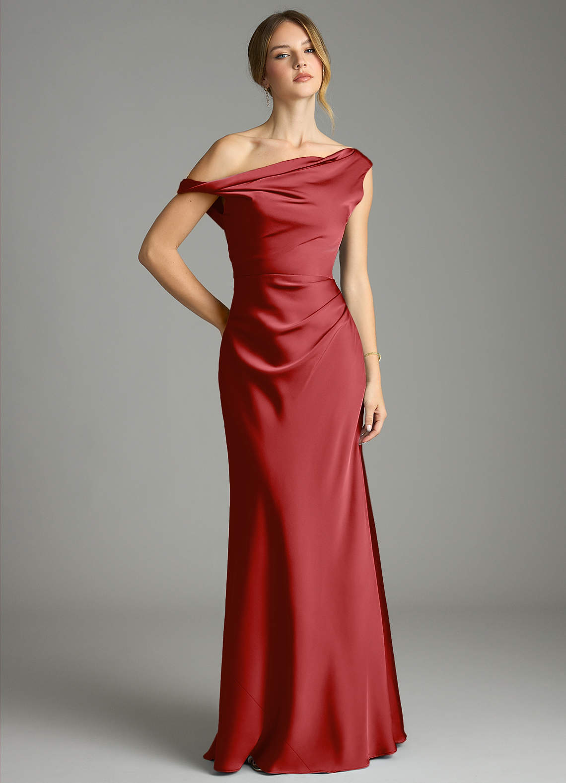 Emerson Mermaid One-Shoulder Stretch Satin Bridesmaid Dress in Pomegranate