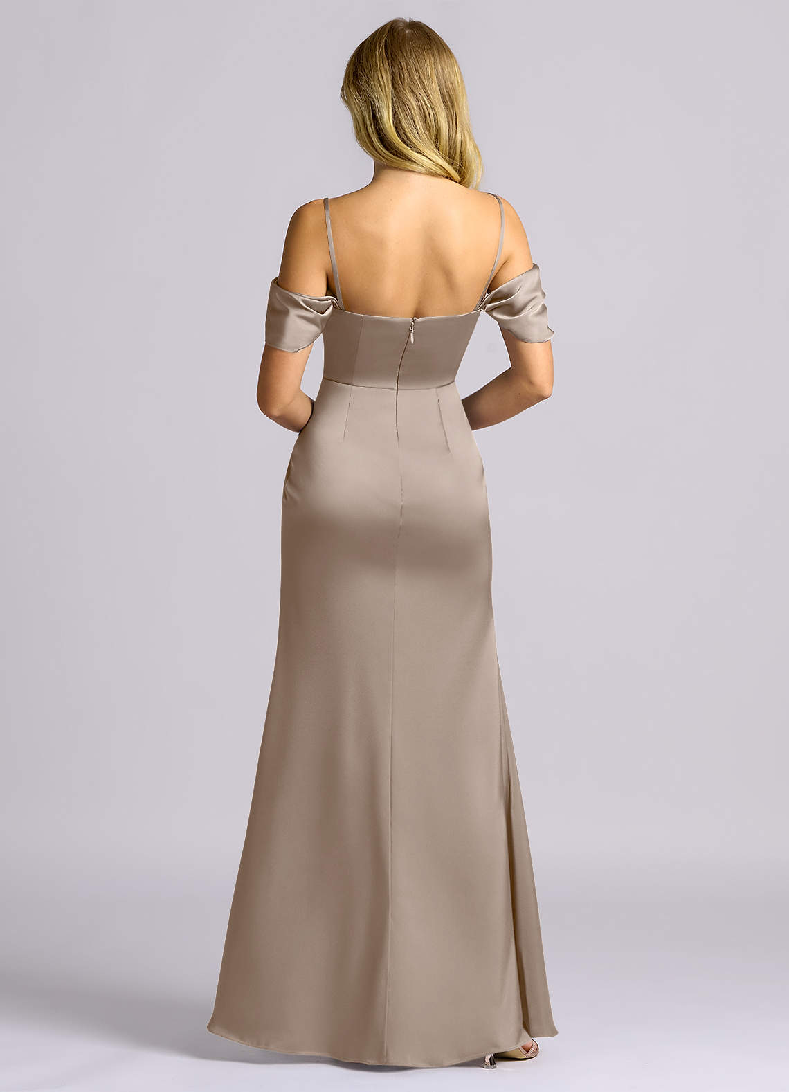 Auden Sheath Off-the-Shoulder Stretch Satin Bridesmaid Dress in Taupe