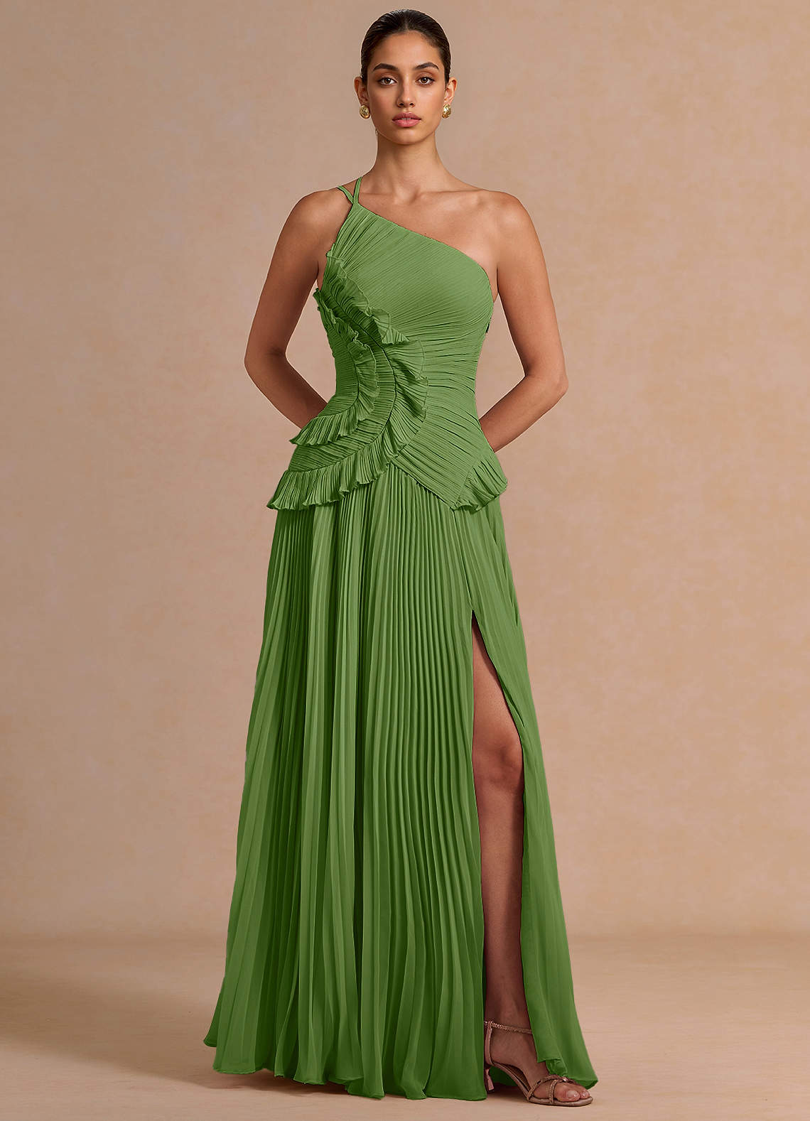 Melody A-Line One-Shoulder Chiffon Evening Dress in Herb Green