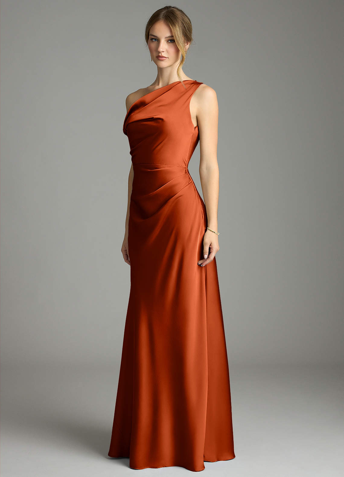 Emerson Mermaid One-Shoulder Stretch Satin Bridesmaid Dress in Paprika