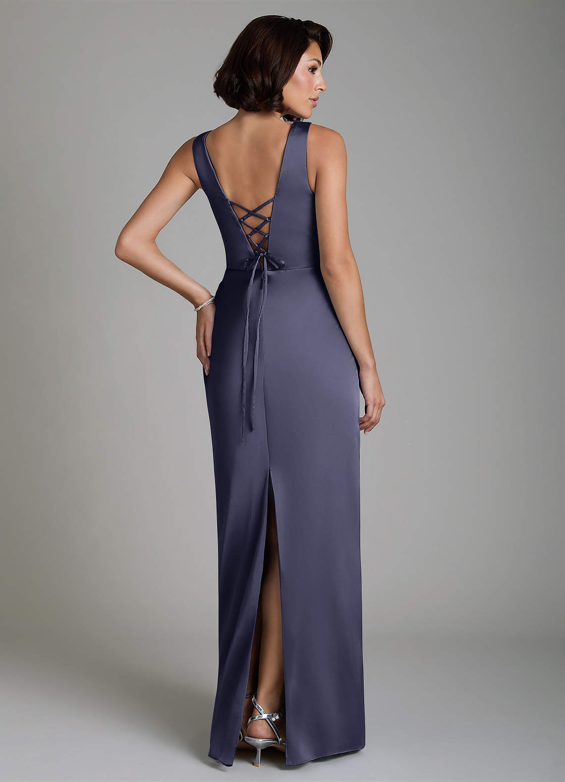 Vanya Sheath V-Neck Stretch Satin Bridesmaid Dress in Stormy