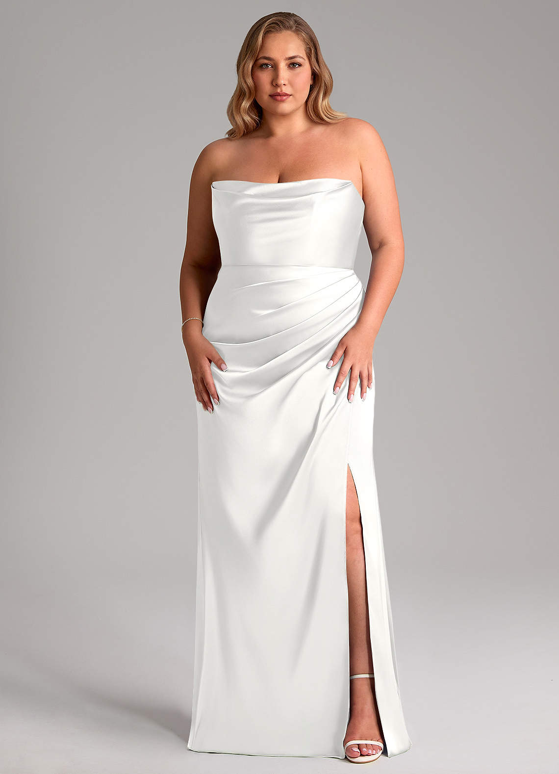 Leonis Mermaid Cowl-Neck Stretch Satin Bridesmaid Dress in white