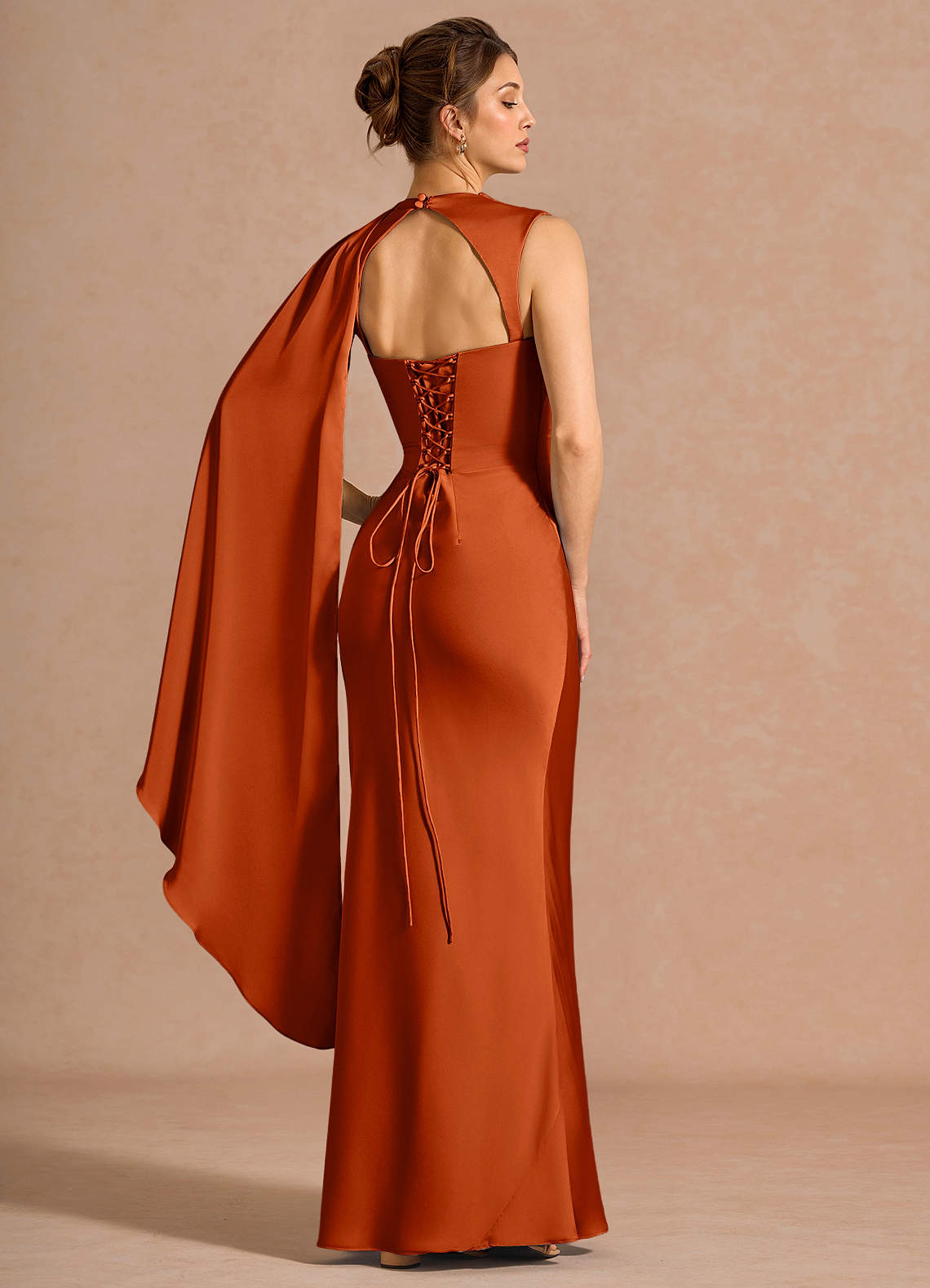 Chesney Cape-Sleeve Pleated Stretch Satin Wedding Guest Dress in Rust