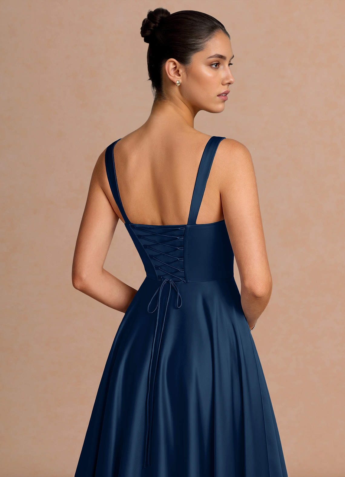 Azaria A-Line Square-Neck Stretch Satin Wedding Guest Dress in Navy