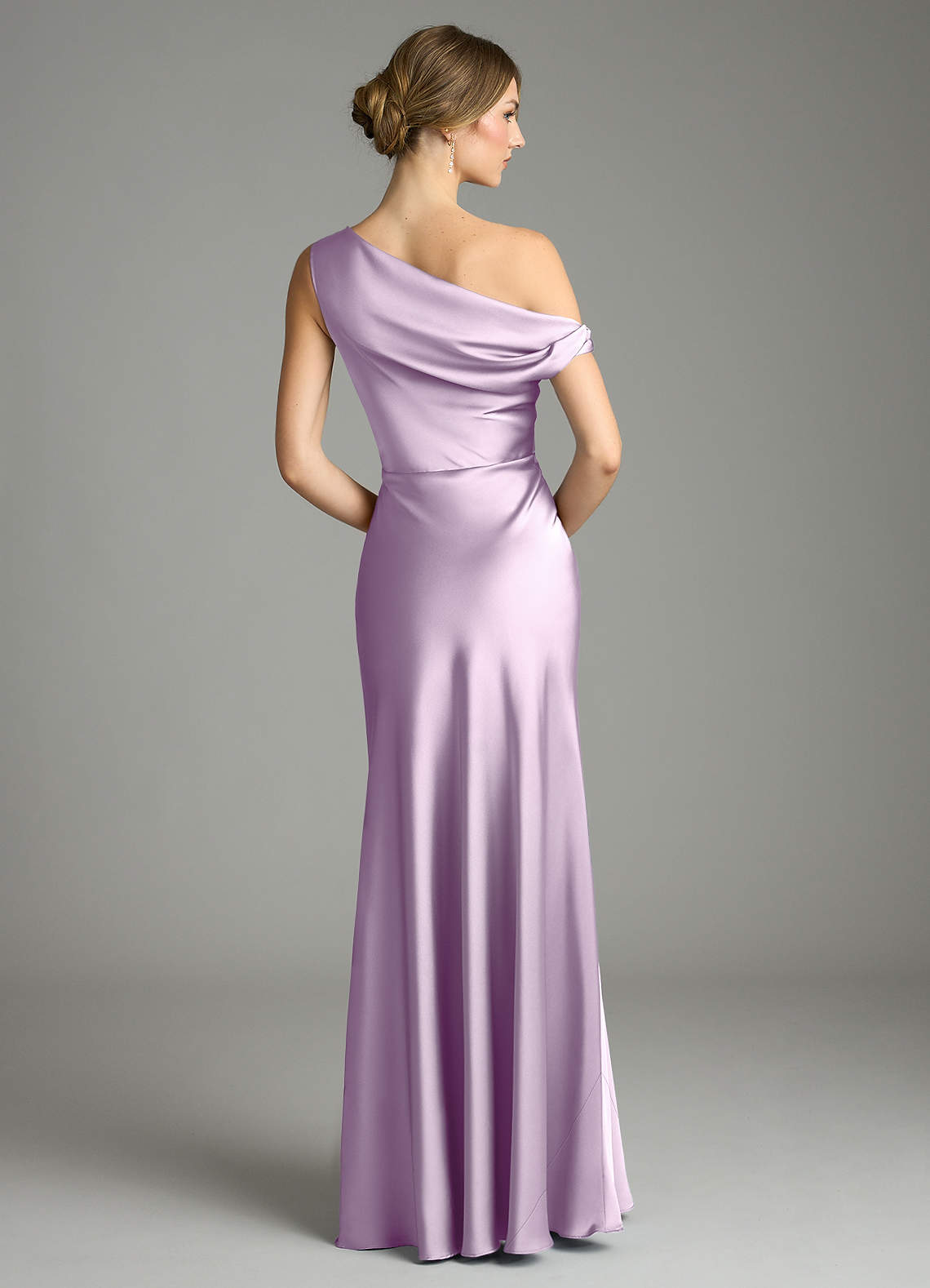 Emerson Mermaid One-Shoulder Stretch Satin Bridesmaid Dress in Frosted Lilac