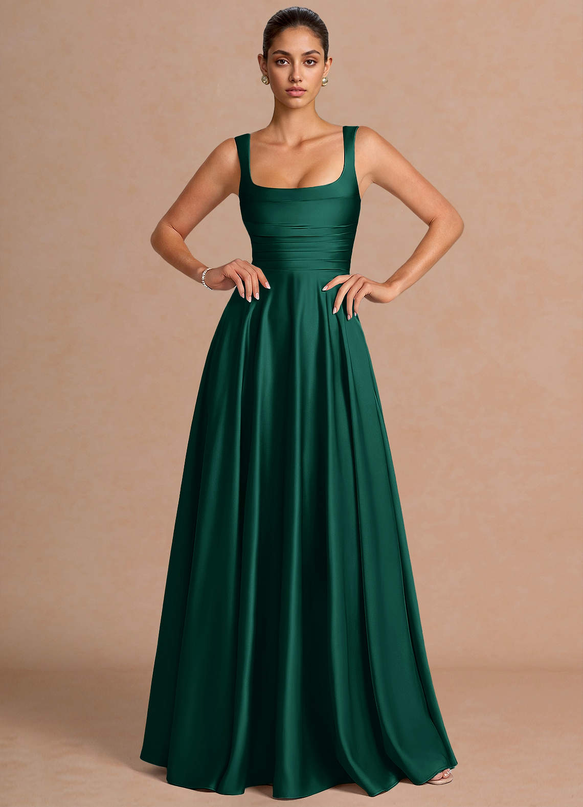Azaria A-Line Square-Neck Stretch Satin Wedding Guest Dress in Haze blue