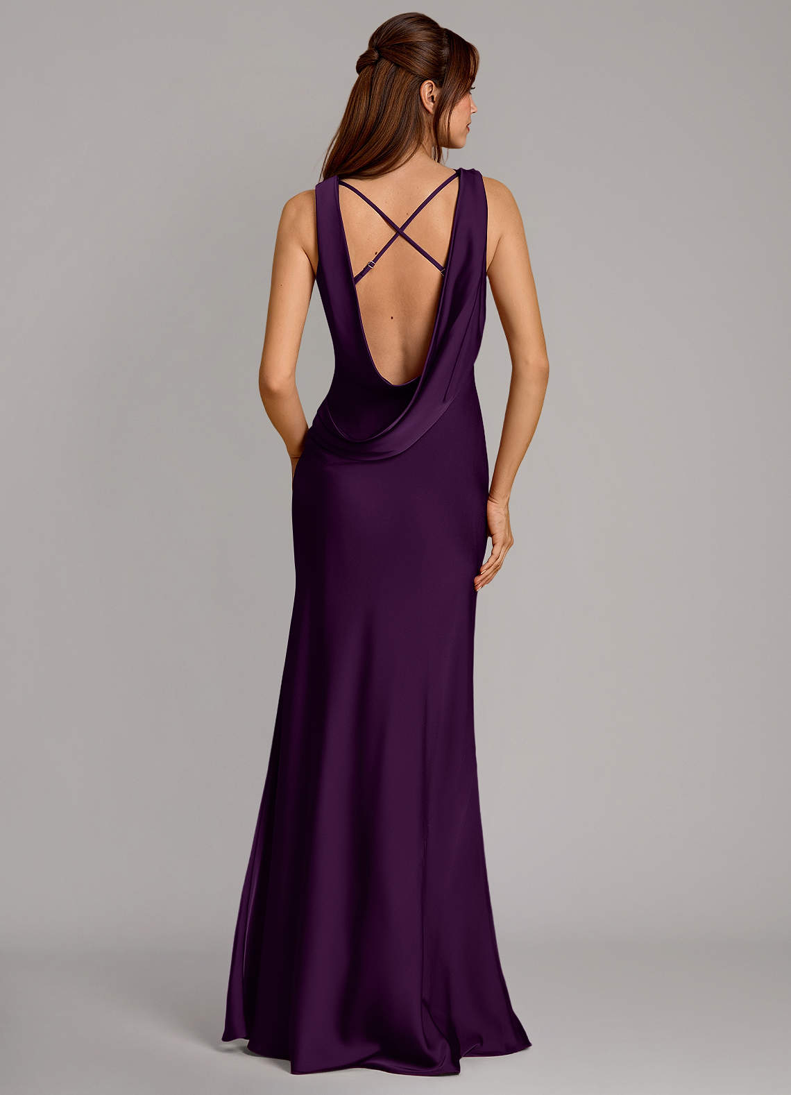 Cheryl Mermaid Cowl-Neck Stretch Satin Bridesmaid Dress in Grape