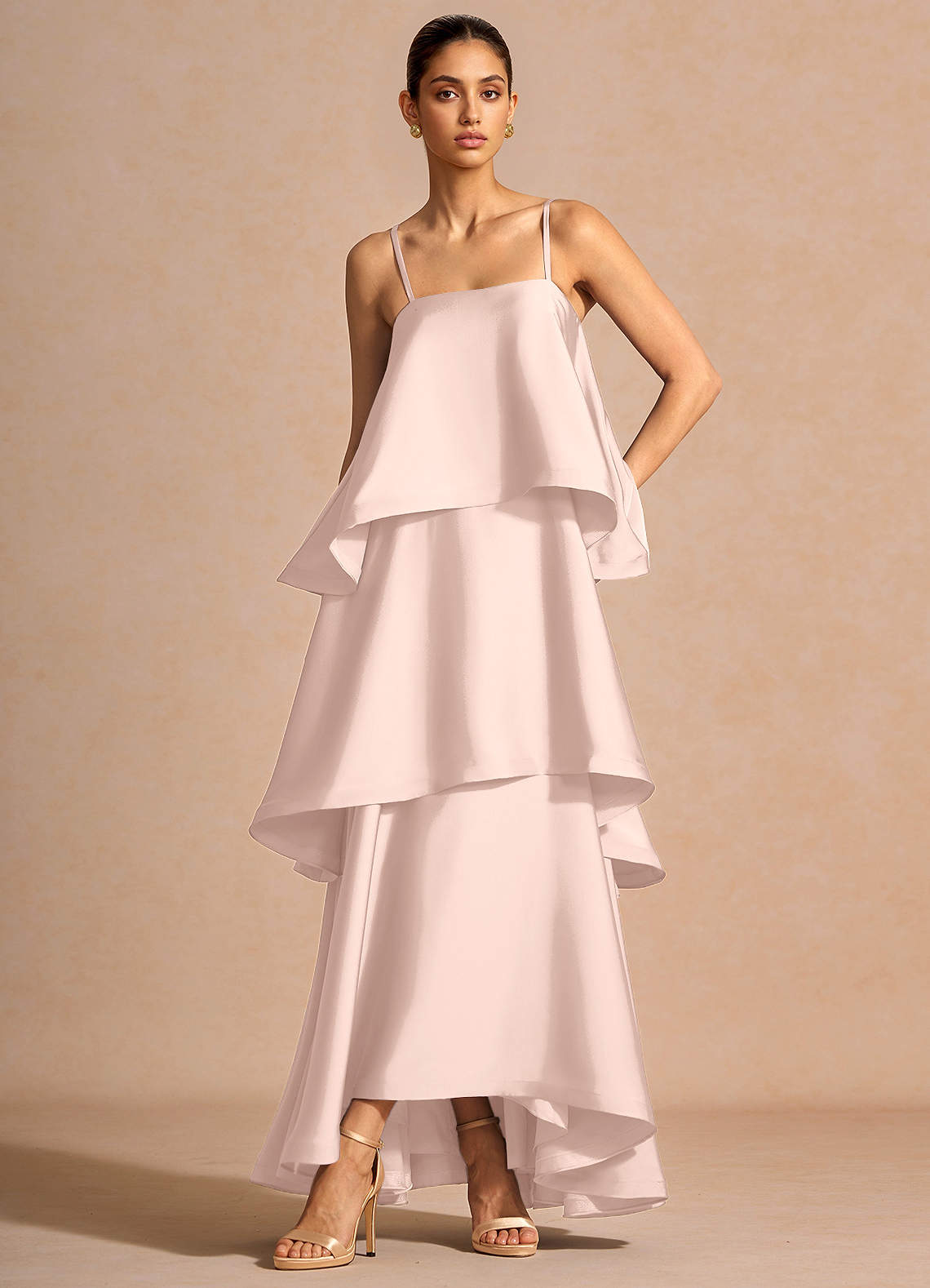 Itasca A-Line Tiered Stretch Satin Wedding Guest Dress in Powder Pink