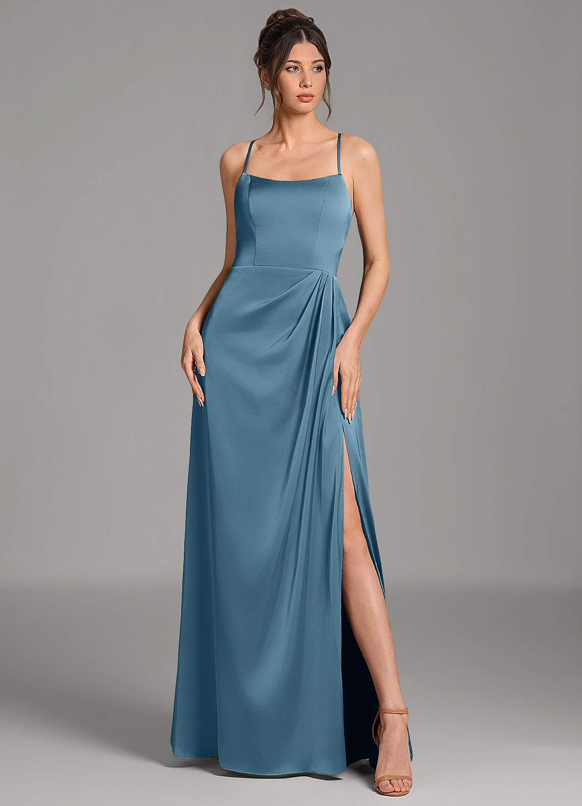 Frankie A-Line Scoop-Neck Stretch Satin Bridesmaid Dress in Bermuda