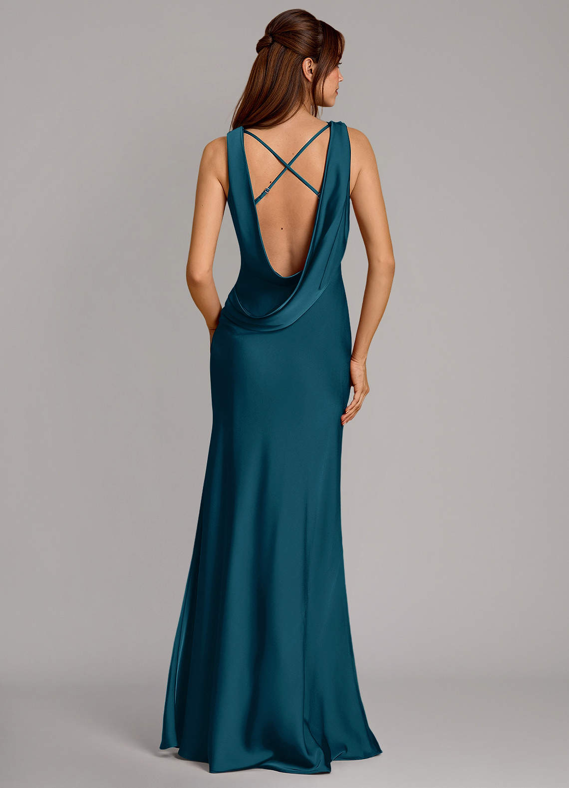 Cheryl Mermaid Cowl-Neck Stretch Satin Bridesmaid Dress in Ink Blue