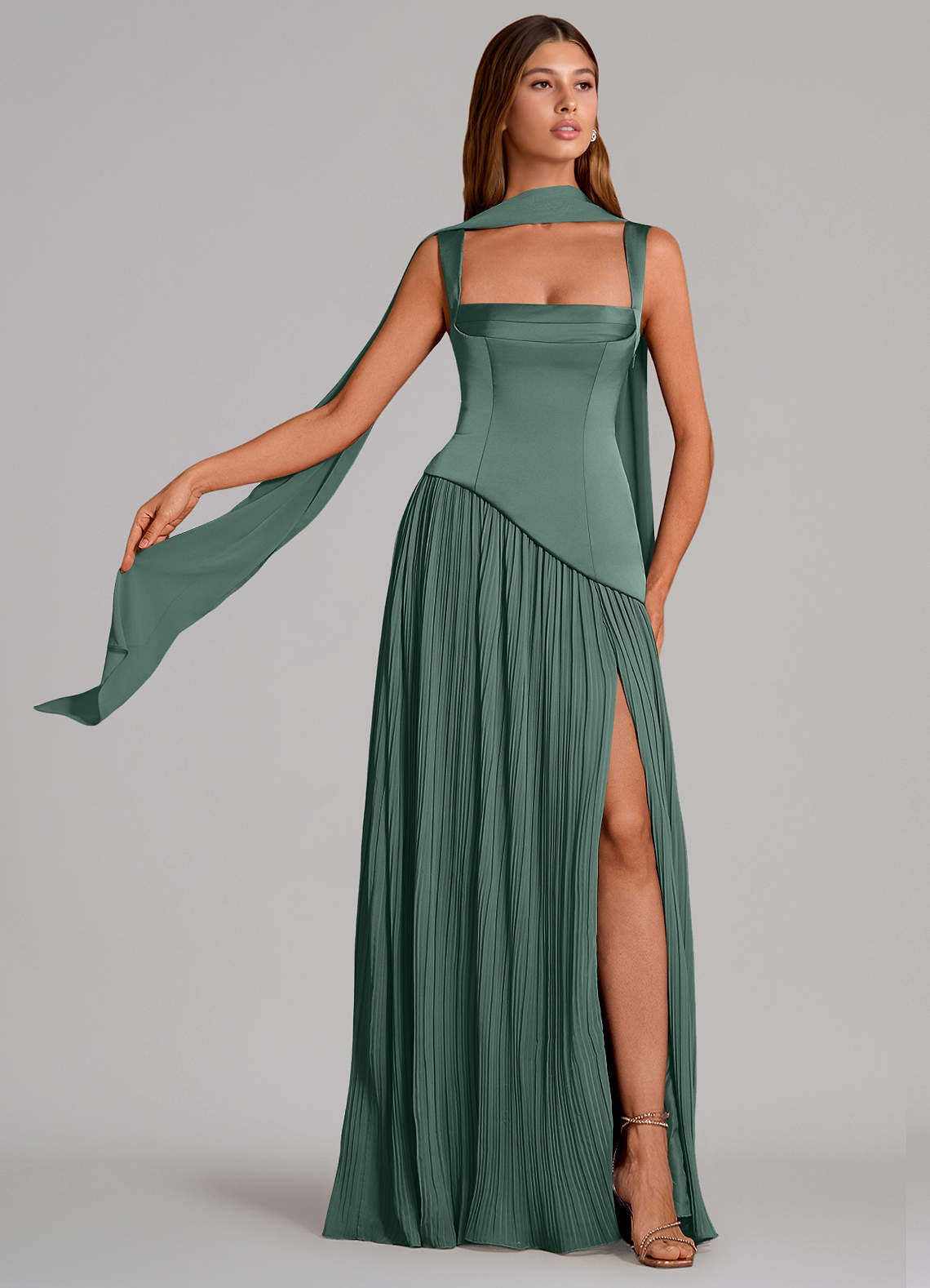 Stephanie A-Line Square-Neck Stretch Satin and Chiffon Bridesmaid Dress in Eucalyptus
