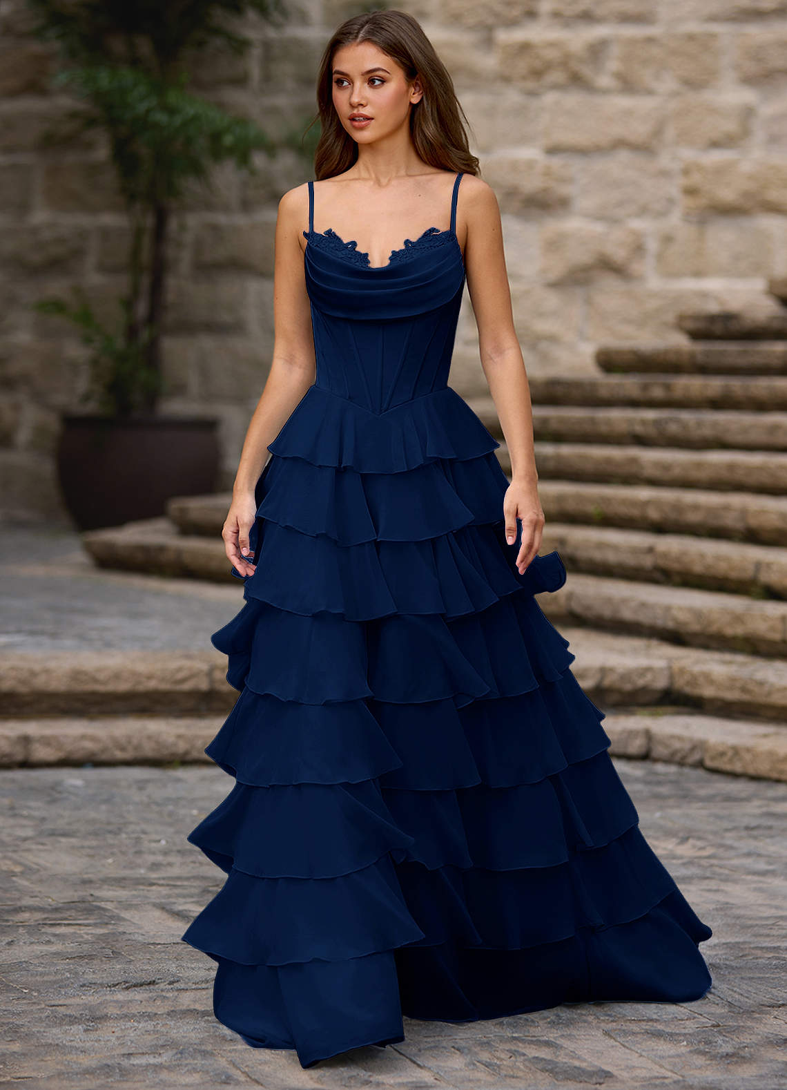 Floralace A-Line Ruffle Chiffon Evening Dress in Vanilla