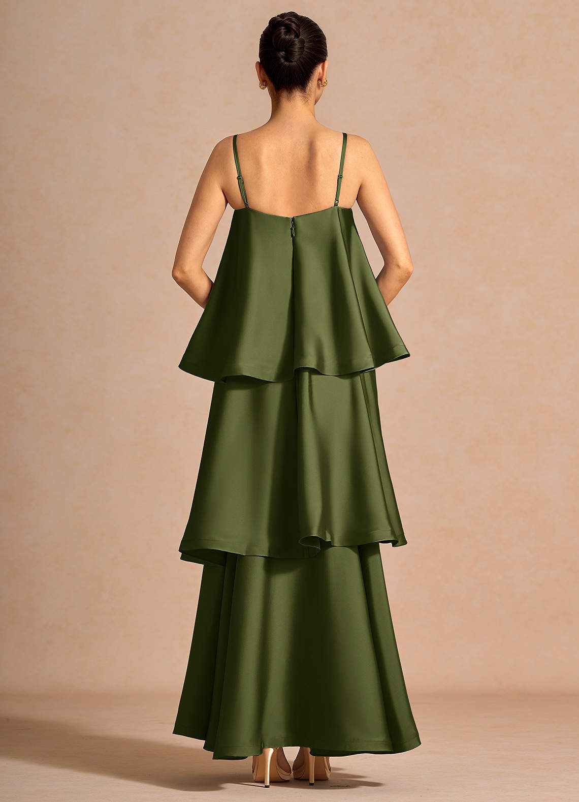 Itasca A-Line Tiered Stretch Satin Wedding Guest Dress in Olive