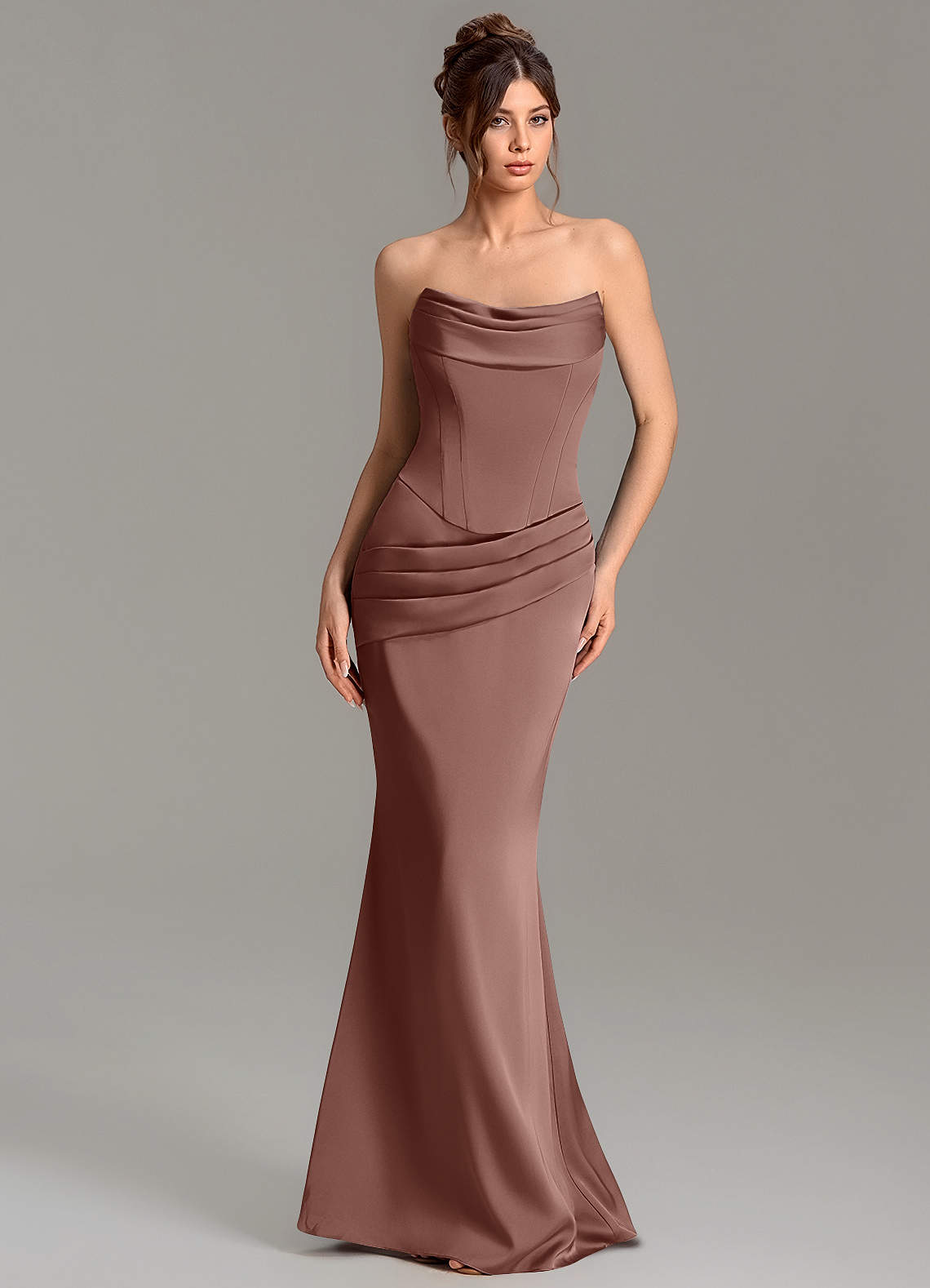 Adrienne Mermaid Cowl-Neck Stretch Satin Bridesmaid Dress in Espresso