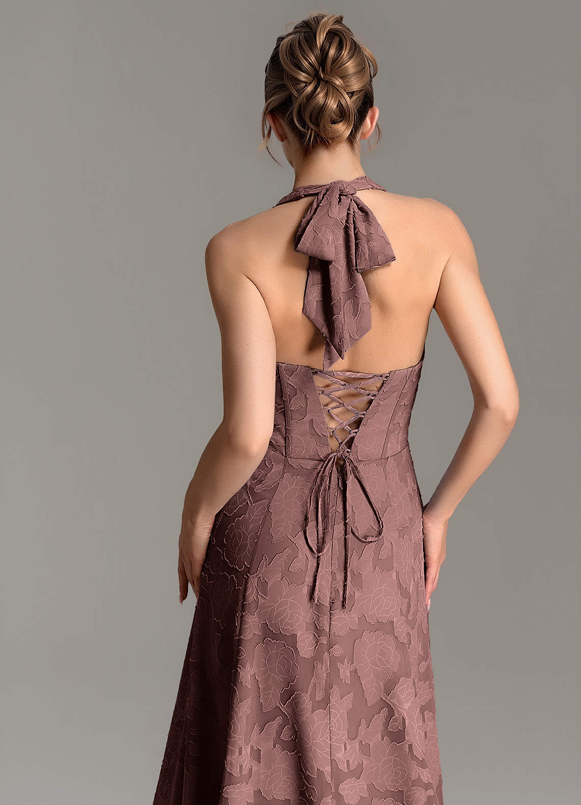 Nia A-Line V-Neck Floral Burnout Bridesmaid Dress in Espresso
