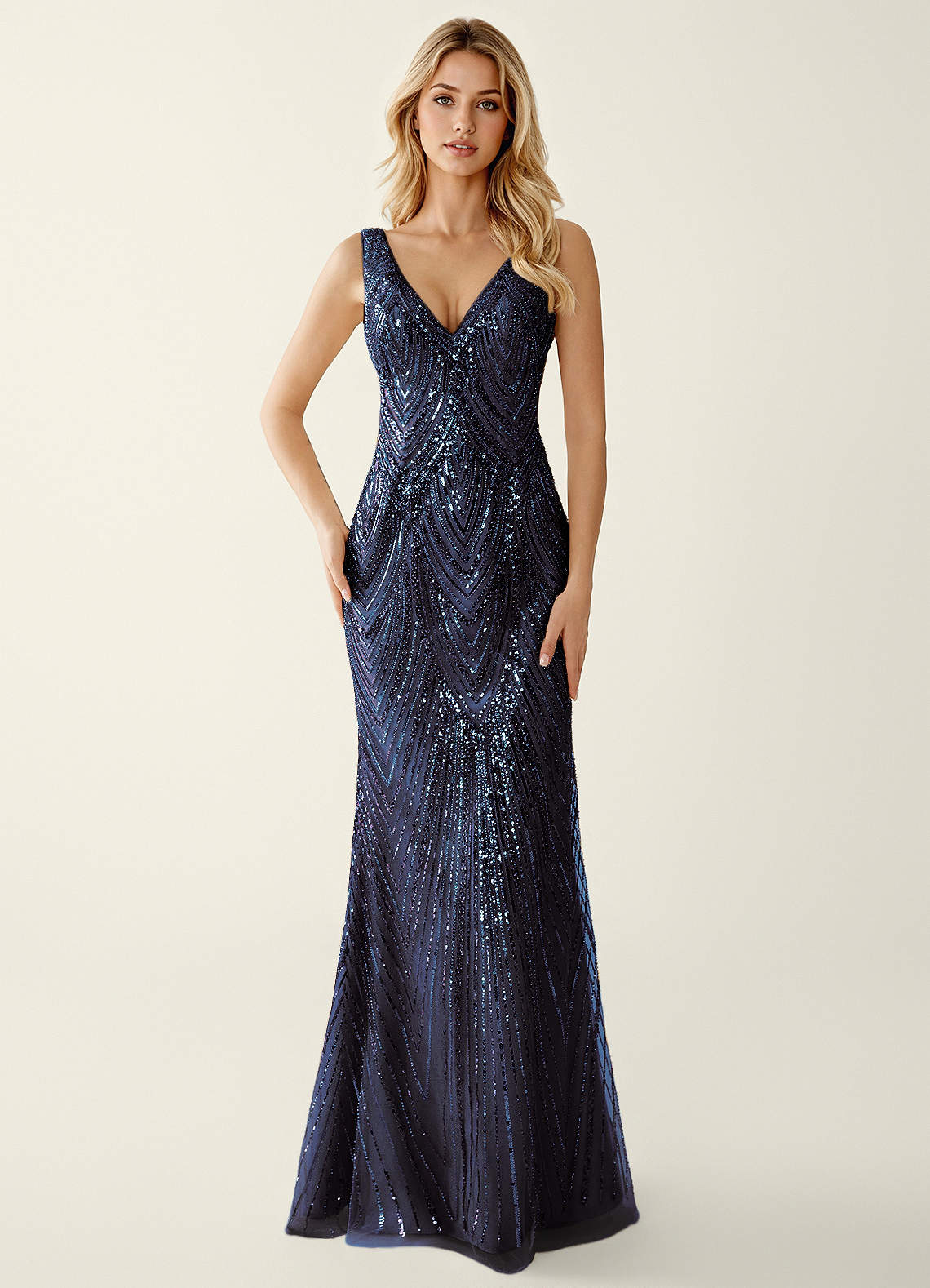 Hazelen Plunging V-Neck Chevron Sequin Tulle Evening Dress in Solid Navy