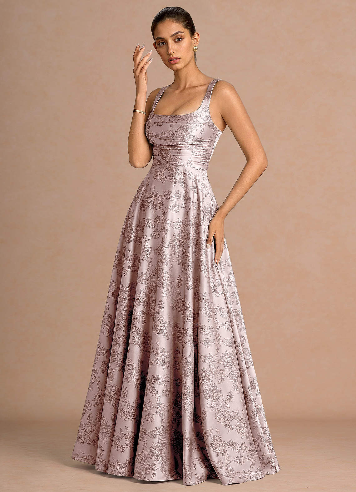 Azaria A-Line Square-Neck Jacquard Evening Dress in Pink