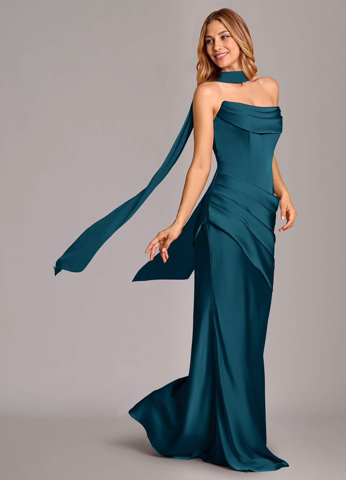 Pelagia Mermaid Cowl-Neck Stretch Satin Bridesmaid Dress in Ink Blue