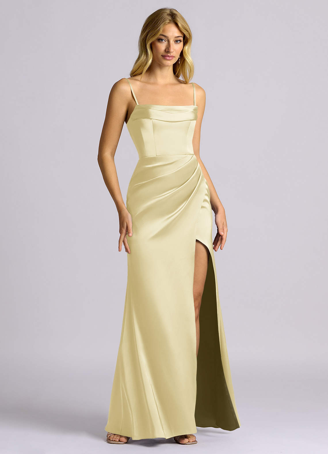 Auden Sheath Off-the-Shoulder Stretch Satin Bridesmaid Dress in Lemon Sorbet