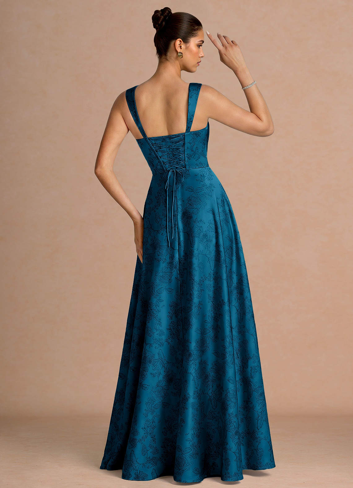 Azaria A-Line Square-Neck Jacquard Evening Dress in Navy Black