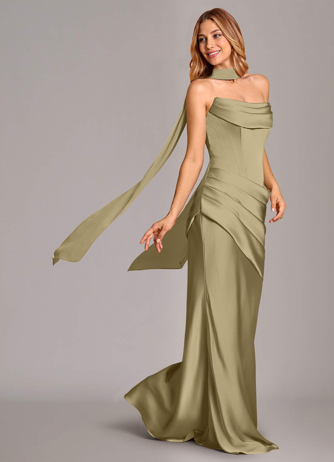 Pelagia Mermaid Cowl-Neck Stretch Satin Bridesmaid Dress in Moss Green