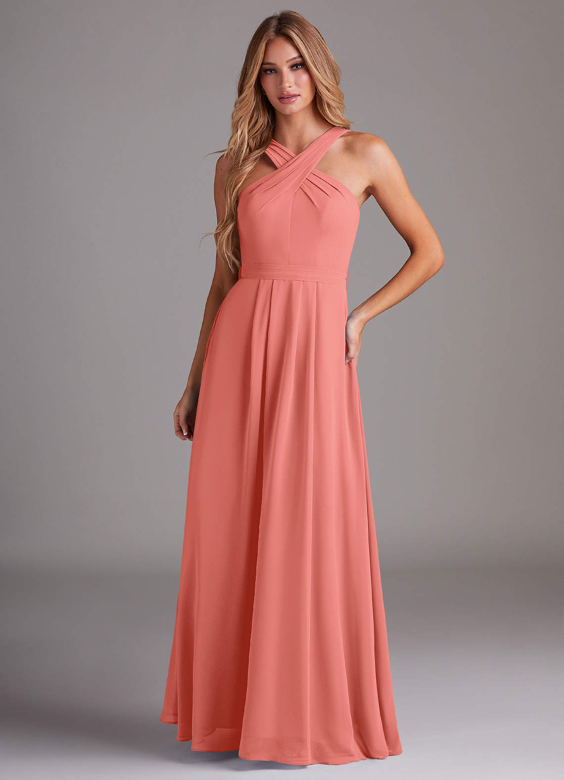 Dixie A-Line Halter Chiffon Bridesmaid Dress in Salmon Pink