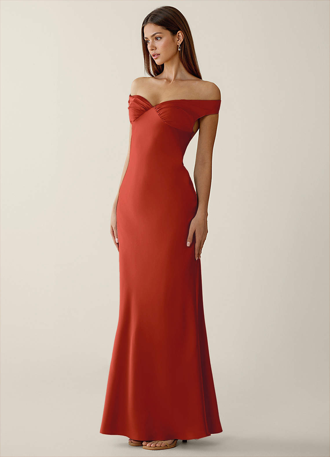 Gwendonme Sheath Off-the-Shoulder Satin Crystal Linen Evening Dress in Rust