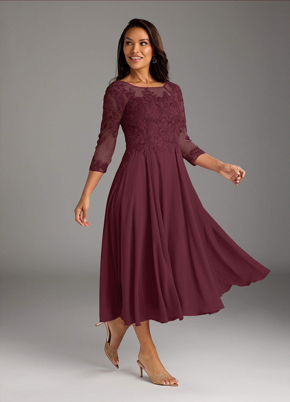 Marge A-Line Scoop-Neck Chiffon and Lace Mother of the Bride Dress in Cabernet