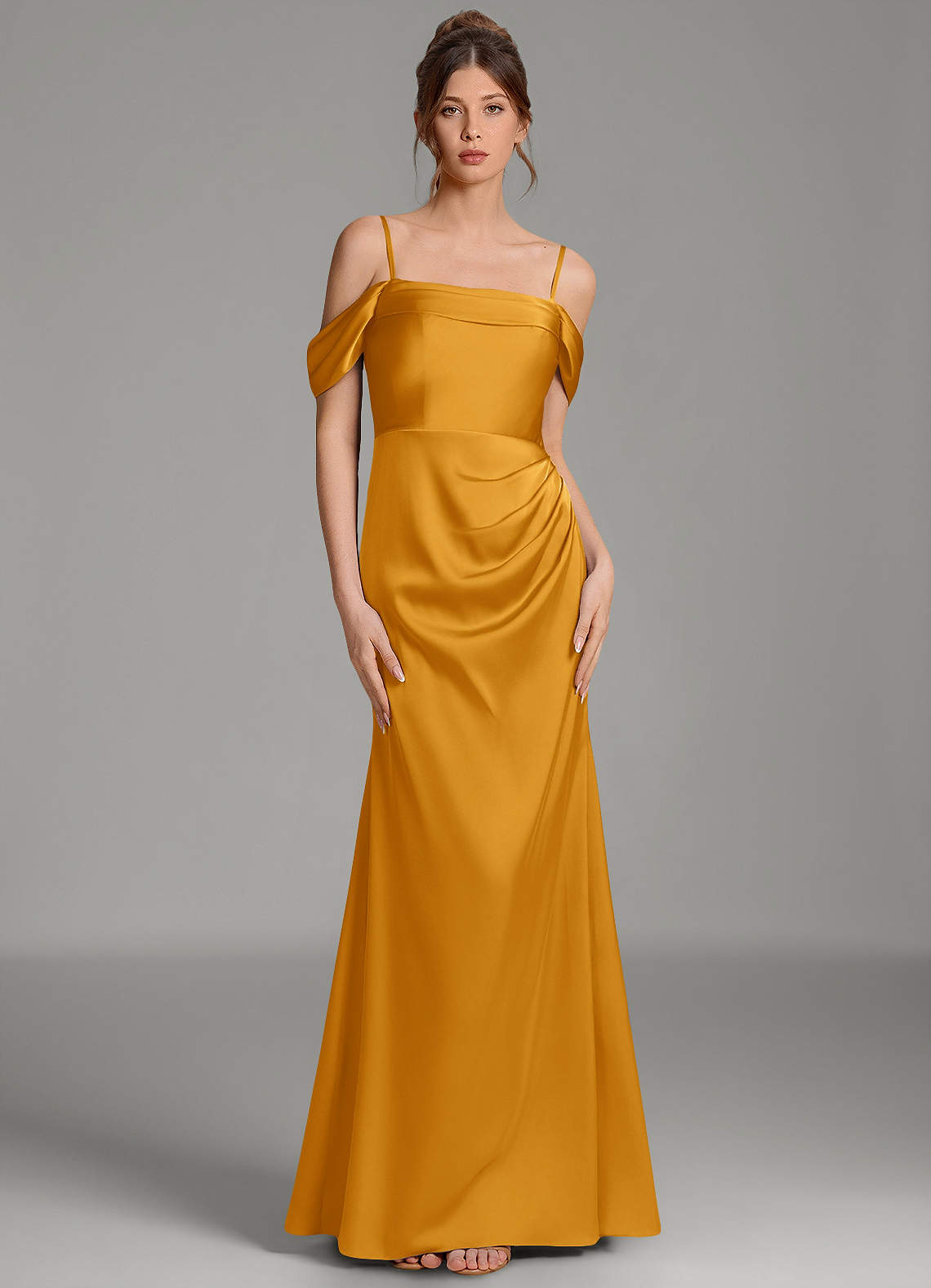 Wyatt Mermaid Off-the-Shoulder Stretch Satin Bridesmaid Dress in butterscotch