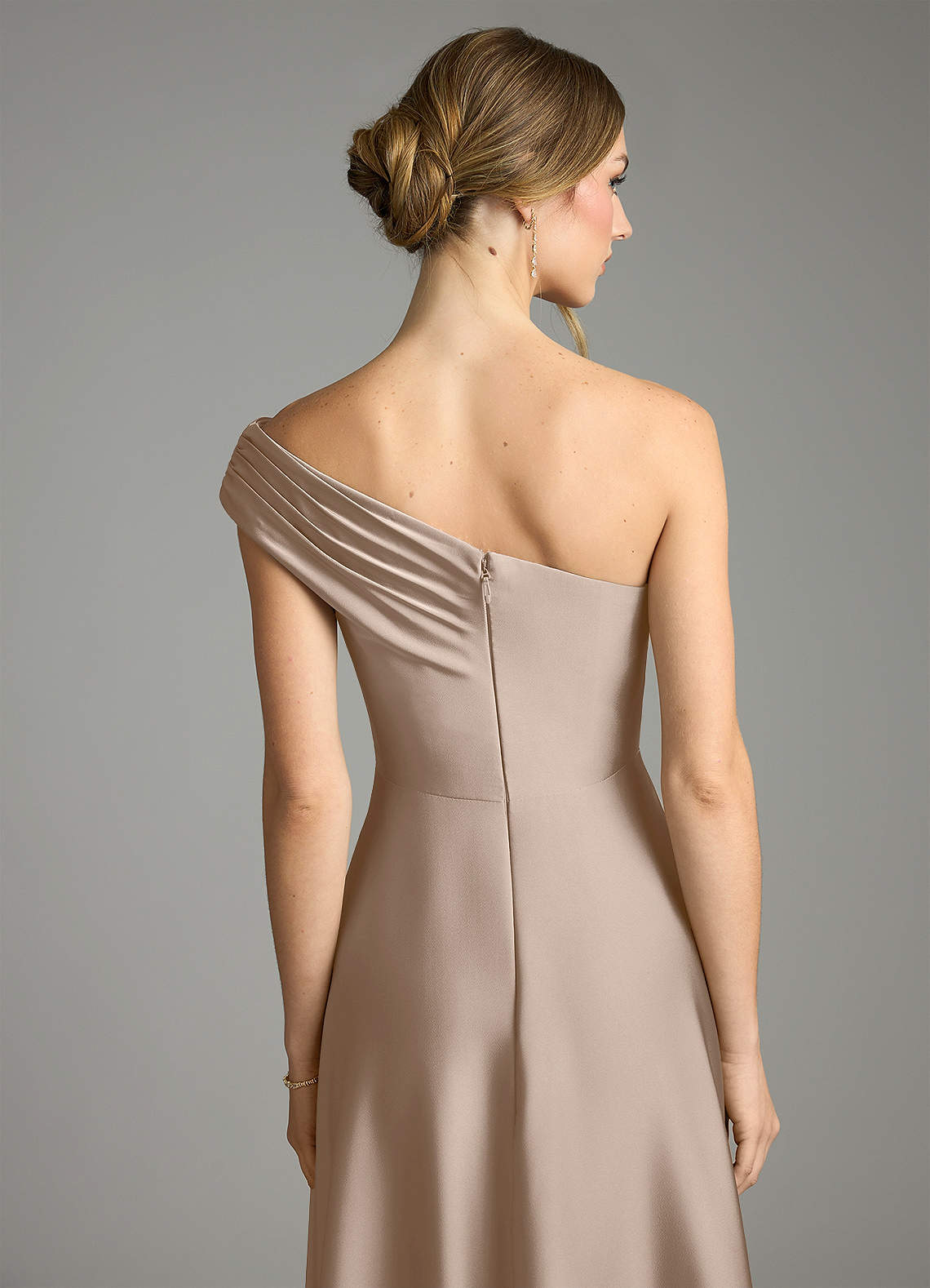 Melanie A-Line One-Shoulder Stretch Satin Bridesmaid Dress in Taupe