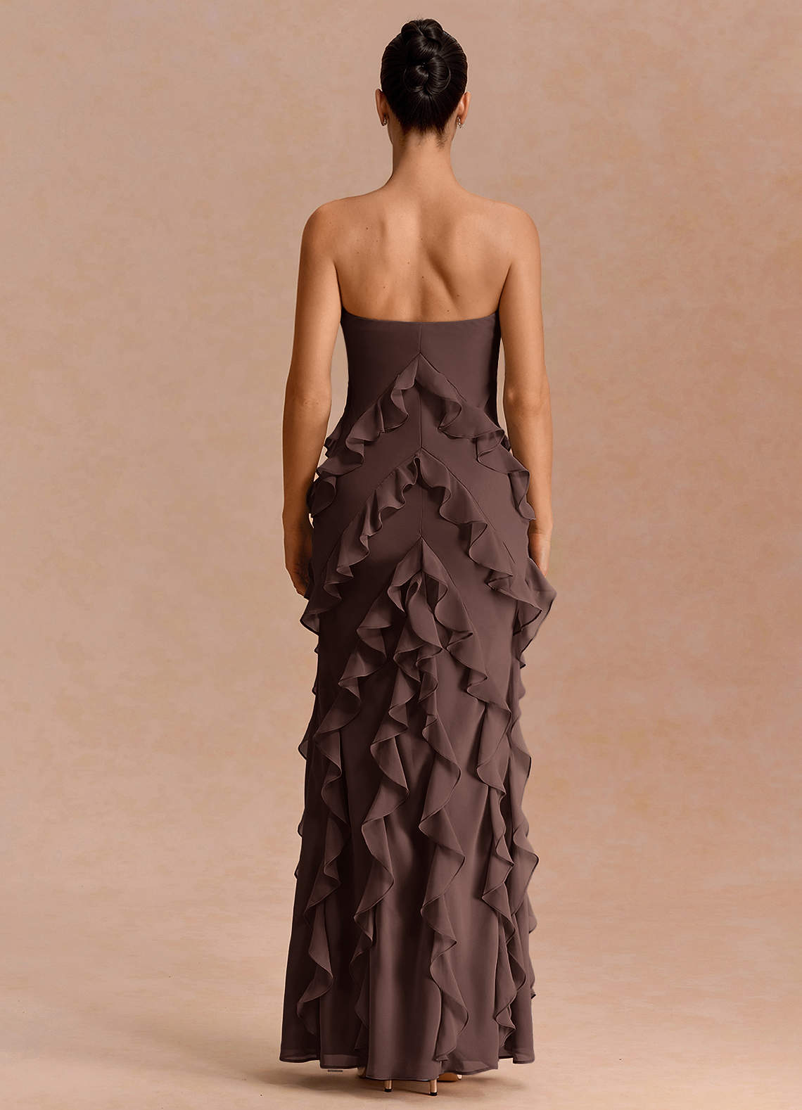 Eira A-Line Ruffle Chiffon Evening Dress in Truffle