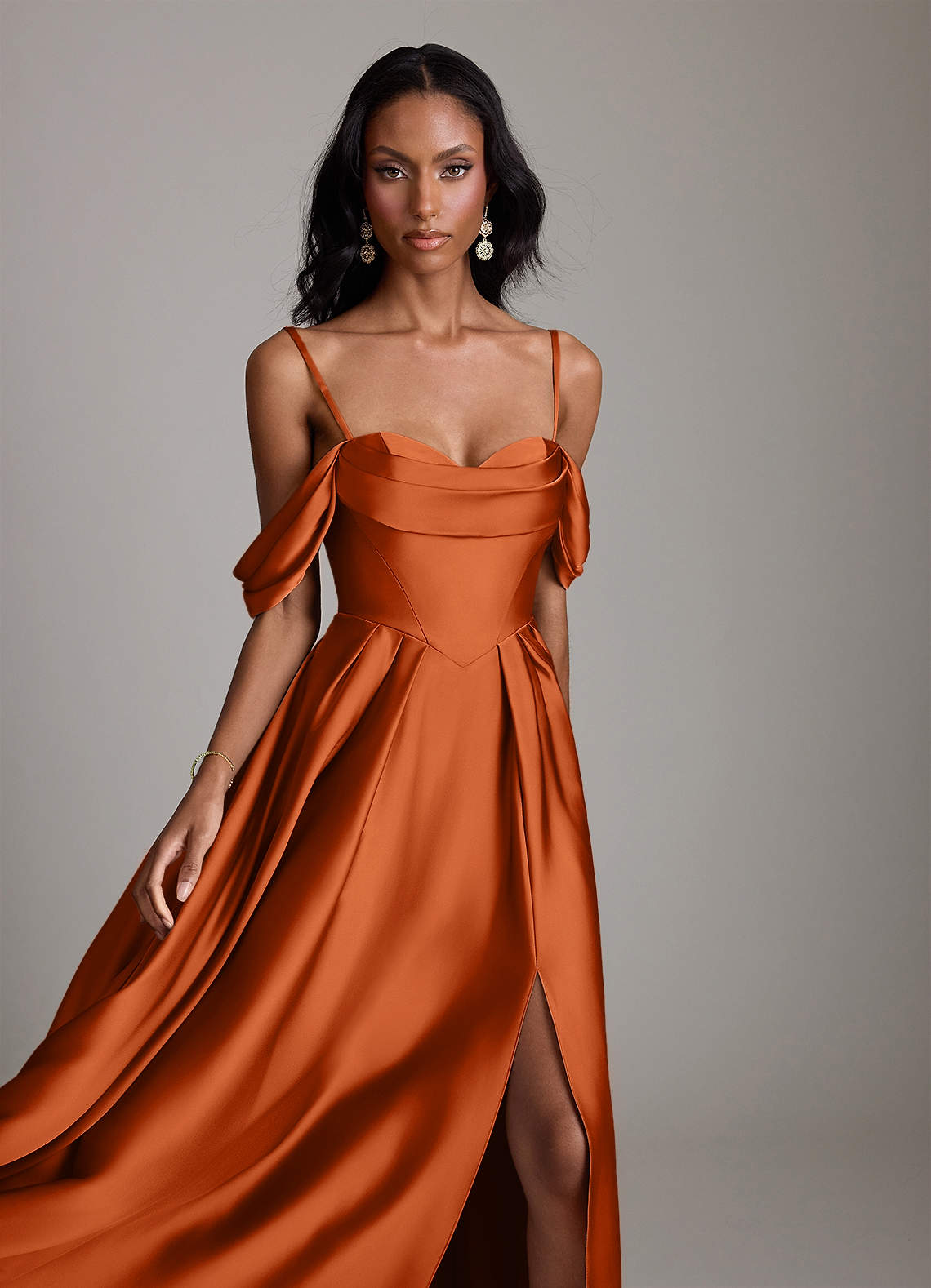 Loisa A-Line Off-the-Shoulder Stretch Satin Bridesmaid Dress in Burnt Orange