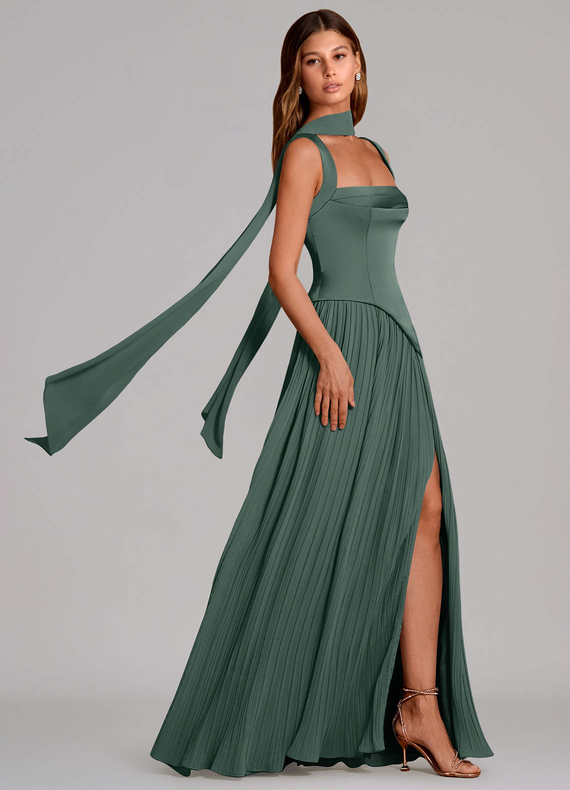 Stephanie A-Line Square-Neck Stretch Satin and Chiffon Bridesmaid Dress in Sea Moss