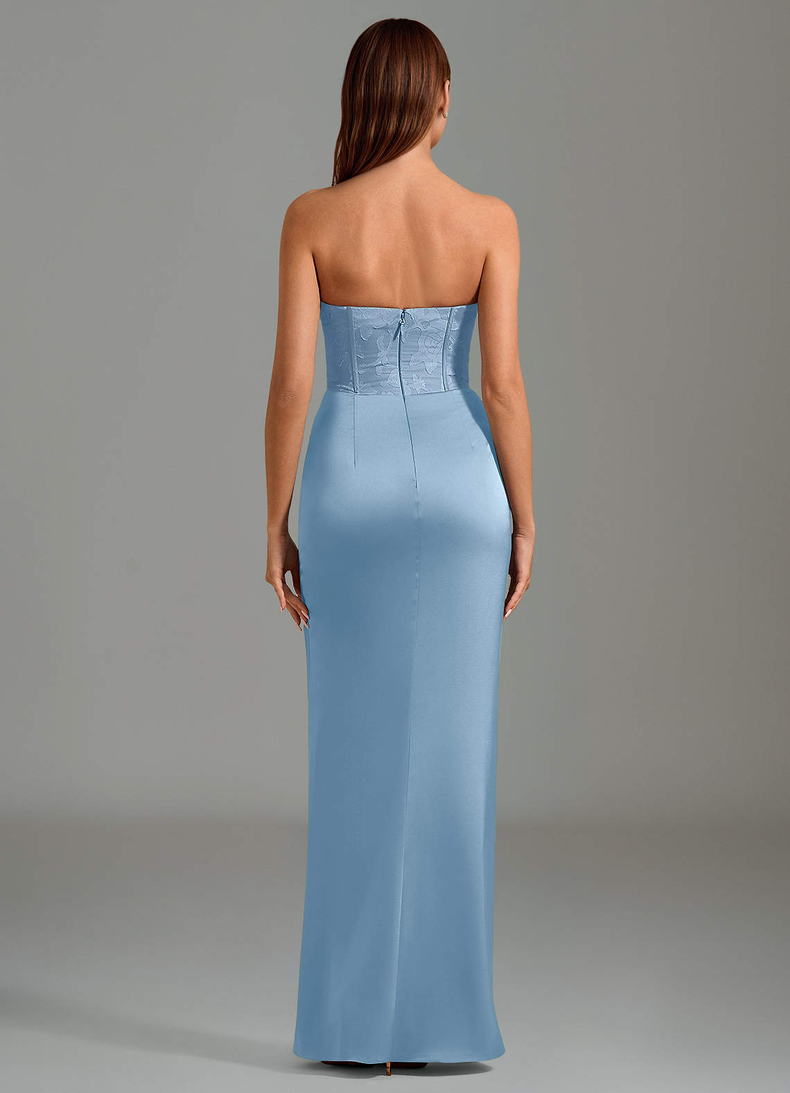 Emilia Mermaid Strapless Stretch Satin and Floral Burnout Bridesmaid Dress in Powder Blue